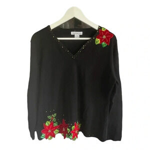Bobbie Bell Christmas Poinsettia Sweater Size Large X-mas Holidays